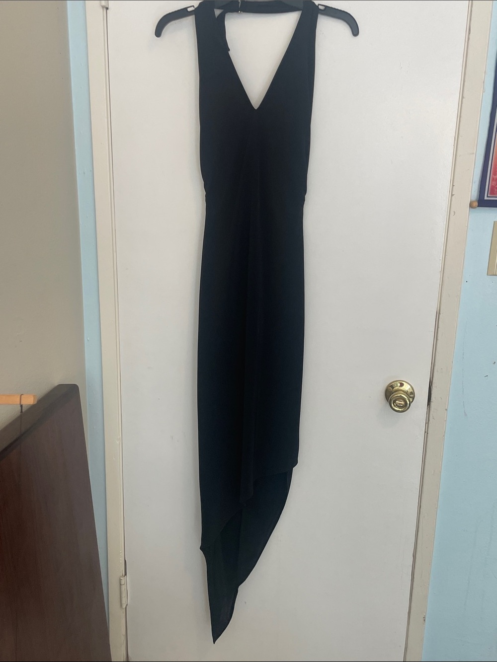 Bebe Little Black Halter Dress LBD Fitted Ruched Asymmetrical Hem